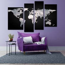 Load image into Gallery viewer, flat world canvas print world map digital painting 4 piece multi canvas artwork grey globe abstract map canvas wall art in living room
