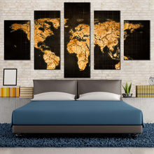 Load image into Gallery viewer, flat world canvas print yellow brown abstract world map 5 piece canvas wall art flat earth multiple canvas For Bedroom
