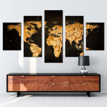 Load image into Gallery viewer, flat world canvas print yellow brown abstract world map 5 piece canvas wall art flat earth multiple canvas
