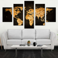 Load image into Gallery viewer, flat world canvas print yellow brown abstract world map 5 piece canvas wall art flat earth multiple canvas For Living room
