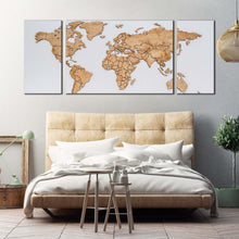 Load image into Gallery viewer, flat  world  canvas  wall  art  abstract  world  map  digital  paintings  3  piece  canvas  print  brown  detailed  world  map  multiple  canvas  white  globe  map  canvas  set For Bedroom
