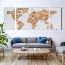 Load image into Gallery viewer, flat  world  canvas  wall  art  abstract  world  map  digital  paintings  3  piece  canvas  print  brown  detailed  world  map  multiple  canvas  white  globe  map  canvas  set In Living Room
