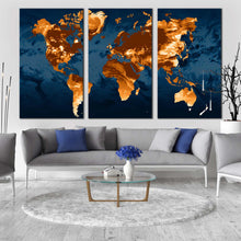 Load image into Gallery viewer, flat world canvas wall art blue flat earth 3 piece canvas set orange world map triptych canvas print In Living Room
