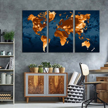 Load image into Gallery viewer, flat world canvas wall art blue flat earth 3 piece canvas set orange world map triptych canvas print
