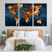 Load image into Gallery viewer, flat world canvas wall art blue flat earth 3 piece canvas set orange world map triptych canvas print For Bedroom
