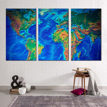 Load image into Gallery viewer, flat world canvas wall art blue flat earth 3 piece multiple canvas detailed green earth map triptych canvas print
