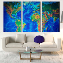 Load image into Gallery viewer, flat world canvas wall art blue flat earth 3 piece multiple canvas detailed green earth map triptych canvas print In Living Room
