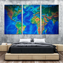 Load image into Gallery viewer, flat world canvas wall art blue flat earth 3 piece multiple canvas detailed green earth map triptych canvas print For Bedroom
