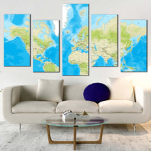 Load image into Gallery viewer, flat world canvas wall art blue flat earth 5 piece canvas set detailed green earth map canvas print For Living Room
