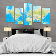 Load image into Gallery viewer, flat world canvas wall art blue flat earth 5 piece canvas set detailed green earth map canvas print In Bedroom
