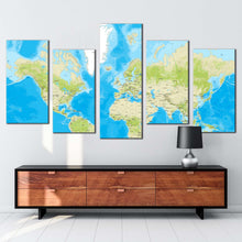 Load image into Gallery viewer, flat world canvas wall art blue flat earth 5 piece canvas set detailed green earth map canvas print
