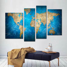 Load image into Gallery viewer, flat world canvas wall art brown world map 4 piece canvas print blue flat earth multi canvas in living room
