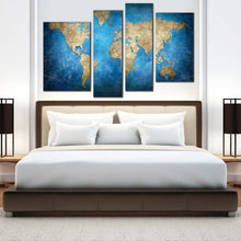 Load image into Gallery viewer, flat world canvas wall art brown world map 4 piece canvas print blue flat earth multi canvas for bedroom
