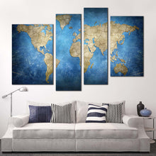 Load image into Gallery viewer, flat world canvas wall art brown world map 4 piece canvas print blue flat earth multi canvas
