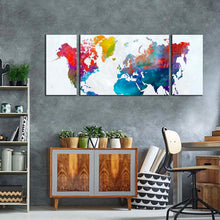 Load image into Gallery viewer, flat  world  canvas  wall  art  colorful  world  map  digital  watercolor  3  piece  canvas  set  white  flat  earth  canvas  print
