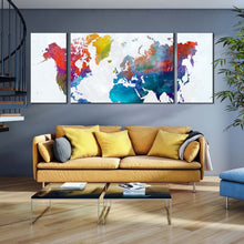 Load image into Gallery viewer, flat  world  canvas  wall  art  colorful  world  map  digital  watercolor  3  piece  canvas  set  white  flat  earth  canvas  print In Living Room
