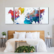 Load image into Gallery viewer, flat  world  canvas  wall  art  colorful  world  map  digital  watercolor  3  piece  canvas  set  white  flat  earth  canvas  print For Bedroom
