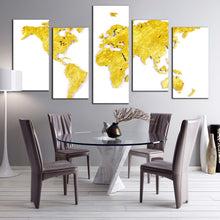 Load image into Gallery viewer, flat world canvas wall art gold map of continents 5 piece canvas set yellow world map digital painting canvas print For Dining room
