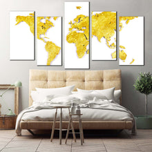 Load image into Gallery viewer, flat world canvas wall art gold map of continents 5 piece canvas set yellow world map digital painting canvas print In Bedroom
