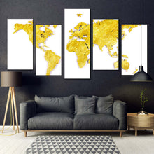 Load image into Gallery viewer, flat world canvas wall art gold map of continents 5 piece canvas set yellow world map digital painting canvas print For Living Room
