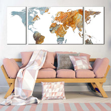 Load image into Gallery viewer, flat  world  canvas  wall  art  orange  grey  abstract  world  map  3  piece  canvas  print  flat  earth  multiple  canvas In Living Room
