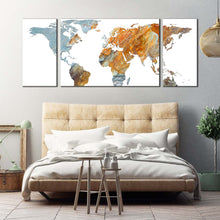 Load image into Gallery viewer, flat  world  canvas  wall  art  orange  grey  abstract  world  map  3  piece  canvas  print  flat  earth  multiple  canvas In Bedroom
