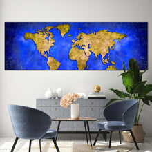 Load image into Gallery viewer, flat  world  canvas  wall  art  yellow  vintage  world  map  1  piece  canvas  print  blue  abstract  flat  earth  wide  canvas In Living Room
