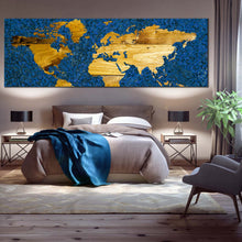 Load image into Gallery viewer, flat  world  canvas  wall  art  yellow  vintage  world  map  1  piece  canvas  print  blue  abstract  flat  earth  wide  canvas In Bedroom
