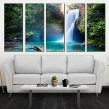 Load image into Gallery viewer, forest waterfall canvas print beautiful green forest water scene 5 piece canvas wall art jungle white waterfall multiple canvas In Living room
