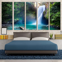 Load image into Gallery viewer, forest waterfall canvas print beautiful green forest water scene 5 piece canvas wall art jungle white waterfall multiple canvas For Bedroom
