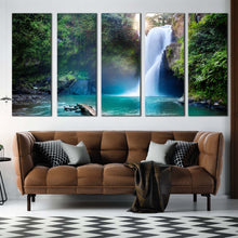 Load image into Gallery viewer, forest waterfall canvas print beautiful green forest water scene 5 piece canvas wall art jungle white waterfall multiple canvas For Living Room
