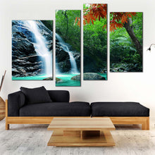 Load image into Gallery viewer, forest waterfall canvas print green nature scenery 4 piece canvas wall art white rainforest waterfall multi canvas in living room
