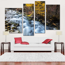 Load image into Gallery viewer, forest waterfall canvas print yellow pine autumn mountain waterfall canvas set white sichuan china falls 4 piece canvas wall art
