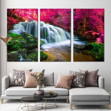 Load image into Gallery viewer, forest waterfall canvas wall art beautiful nature scenery 3 piece canvas set colorful stunning waterfall canvas print In Living Room
