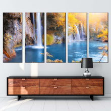 Load image into Gallery viewer, forest waterfall canvas wall art blue plitvice lakes national park 5 piece canvas croatia yellow trees autumn waterfall canvas print
