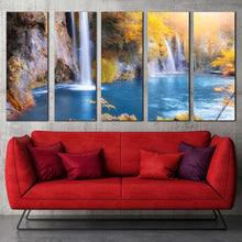 Load image into Gallery viewer, forest waterfall canvas wall art blue plitvice lakes national park 5 piece canvas croatia yellow trees autumn waterfall canvas print In Living Room
