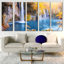 Load image into Gallery viewer, forest waterfall canvas wall art blue plitvice lakes national park 5 piece canvas croatia yellow trees autumn waterfall canvas print For Living room
