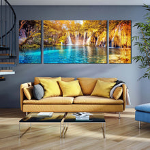 Load image into Gallery viewer, forest  waterfall  canvas  wall  art  blue  water  forest  nature  multi  canvas  yellow  green  trees  canvas  set  lakes  national  park  waterfall  3  piece  canvas  print For Living Room
