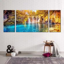 Load image into Gallery viewer, forest  waterfall  canvas  wall  art  blue  water  forest  nature  multi  canvas  yellow  green  trees  canvas  set  lakes  national  park  waterfall  3  piece  canvas  print
