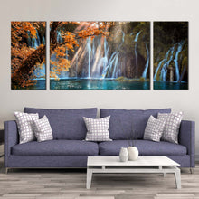 Load image into Gallery viewer, forest  waterfall  canvas  wall  art  green  plitvice  lakes  national  park  3  piece  canvas  croatia  orange  trees  autumn  waterfall  canvas  print In Living Room
