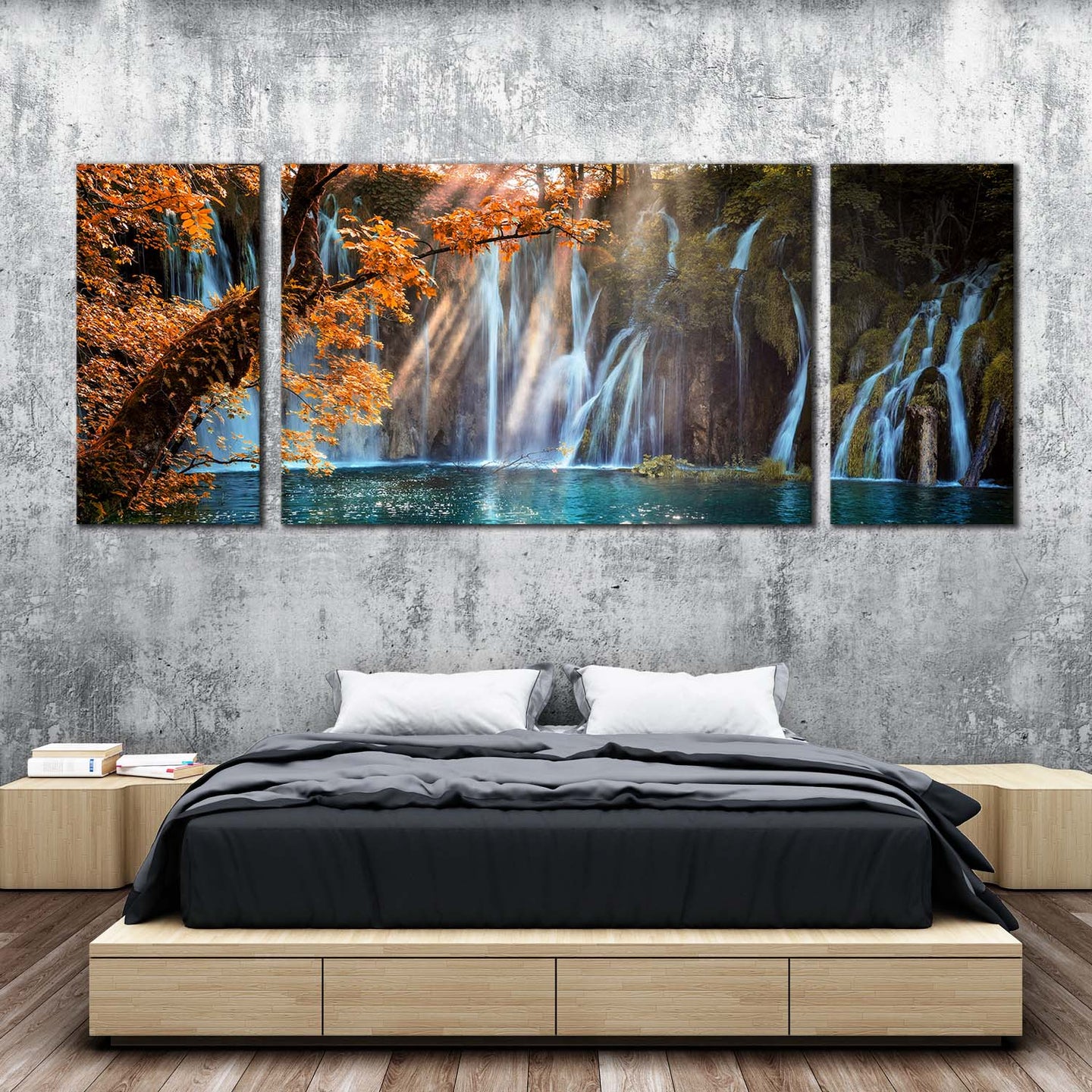 forest  waterfall  canvas  wall  art  green  plitvice  lakes  national  park  3  piece  canvas  croatia  orange  trees  autumn  waterfall  canvas  print For Bedroom