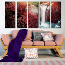 Load image into Gallery viewer, forest waterfall canvas wall art white scenic waterfall scenery 5 piece multi canvas artwork red trees waterfall nature canvas print In Living Room
