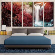 Load image into Gallery viewer, forest waterfall canvas wall art white scenic waterfall scenery 5 piece multi canvas artwork red trees waterfall nature canvas print In Bedroom
