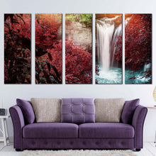 Load image into Gallery viewer, forest waterfall canvas wall art white scenic waterfall scenery 5 piece multi canvas artwork red trees waterfall nature canvas print For Living room
