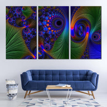 Load image into Gallery viewer, fractal abstraction canvas wall art green deep abstract art print blue elegant abstract 3 piece multi canvas artwork In Living Room
