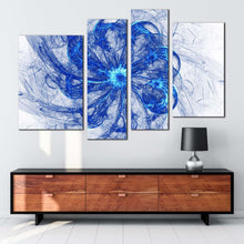 Load image into Gallery viewer, fractal circle canvas wall art blue bright abstract glow canvas print white abstract digital artwork 4 piece canvas set for living room
