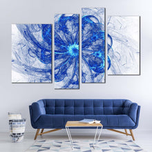 Load image into Gallery viewer, fractal circle canvas wall art blue bright abstract glow canvas print white abstract digital artwork 4 piece canvas set for your living room 
