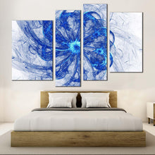 Load image into Gallery viewer, fractal circle canvas wall art blue bright abstract glow canvas print white abstract digital artwork 4 piece canvas set in bedroom
