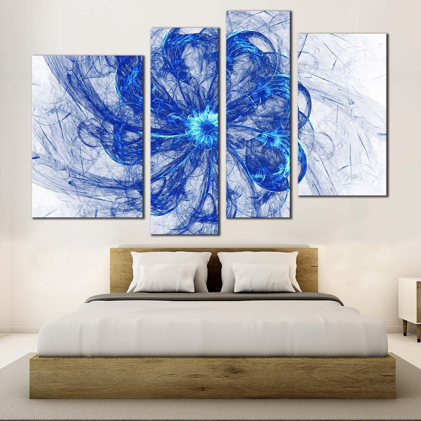 fractal circle canvas wall art blue bright abstract glow canvas print white abstract digital artwork 4 piece canvas set in bedroom