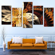 Load image into Gallery viewer, fractal flower canvas wall art orange digital abstract floral 5 piece canvas print yellow abstract pattern multiple canvas In Living room
